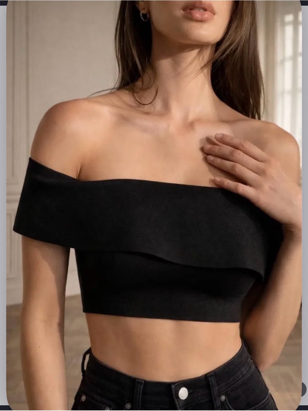 Babaton By Aritzia Black Off-The-Shoulder Foldover Marek Knit Top